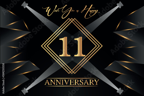 11 year anniversary celebration luxury golden color logo design with elegance gold line and number on black background