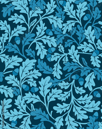 Floral seamless pattern with unusual blue oak leaves and acorns on dark background. Vector illustration.