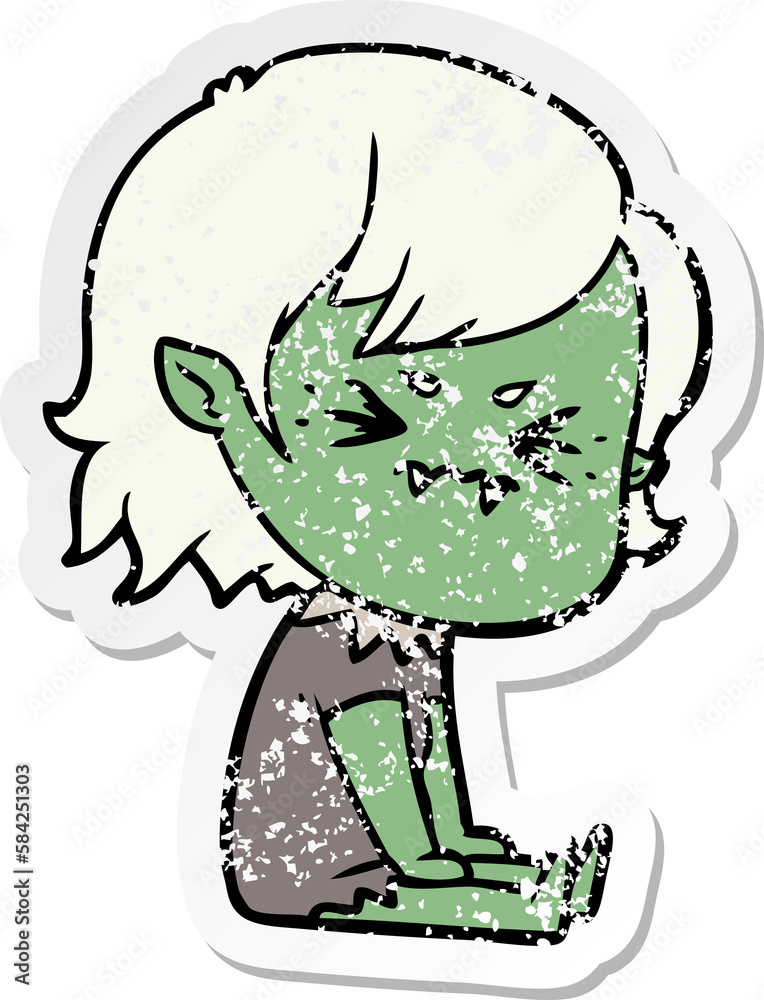 distressed sticker of a annoyed cartoon vampire girl distressed sticker of a annoyed cartoon vampire girl