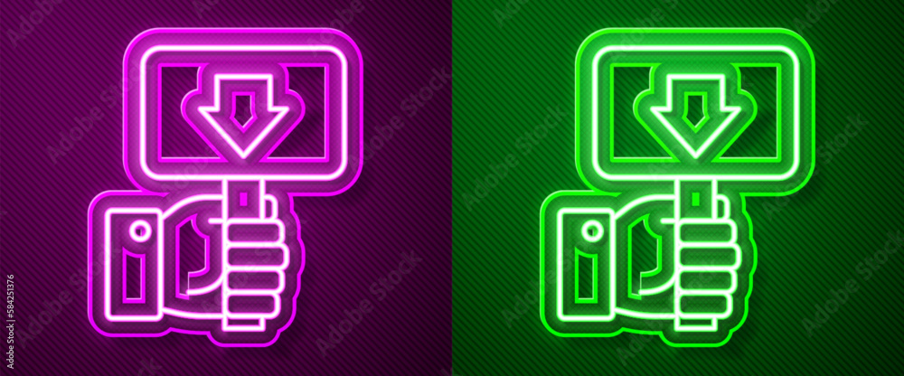 Glowing neon line Hand holding auction paddle icon isolated on purple and green background. Bidding concept. Auction competition. Hands rising signs with BID inscriptions. Vector Glowing neon line Hand holding auction paddle icon isolated on purple and green background. Bidding concept. Auction competition. Hands rising signs with BID inscriptions. Vector