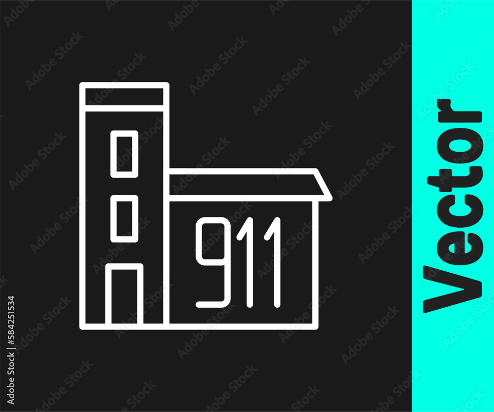 White line Building of fire station icon isolated on black background. Fire department building. Vector White line Building of fire station icon isolated on black background. Fire department building. Vector