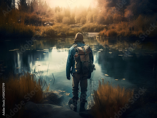 Abenteurer auf Wanderschaft mit Rucksack an einem See im Herbst