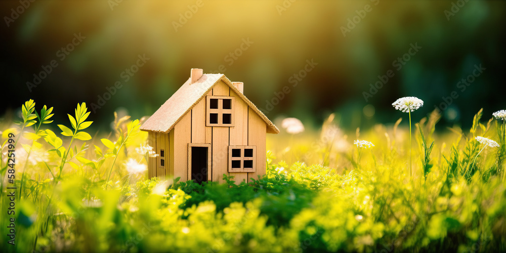 Eco house. Green and environmentally friendly housing concept. generative ai. Miniature wooden house in spring grass, moss and ferns on a sunny day Eco house. Green and environmentally friendly housing concept. generative ai. Miniature wooden house in spring grass, moss and ferns on a sunny day