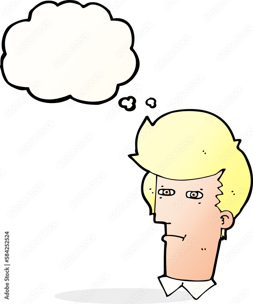 cartoon man narrowing eyes with thought bubble
