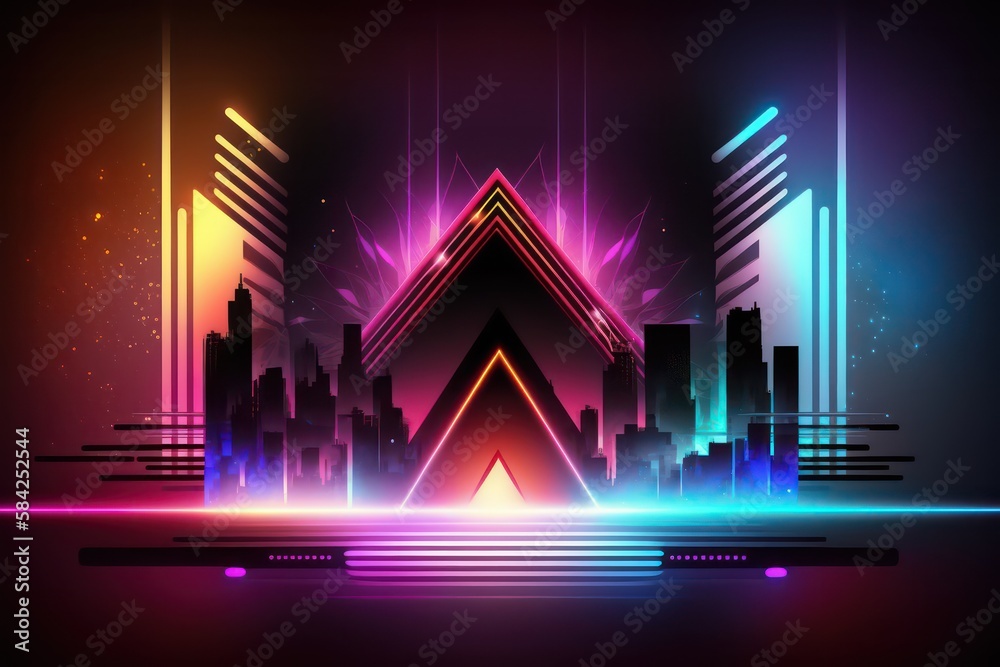 Abstract colourful technology background. DJ music background illustration. Sci fi neon wallpaper decoration. Generative AI.