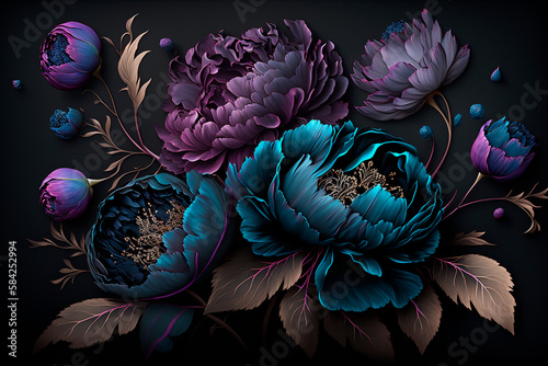 Beautiful floral arrangement in baroque style. Garden flowers, leaves and peonies on a dark background. Roses, tulips and peonies in purple and blue tones. Holiday concept. Generative AI.