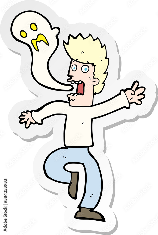 sticker of a cartoon ghost leaving man sticker of a cartoon ghost leaving man