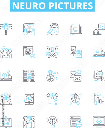 Neuro pictures vector line icons set. Neuroimage, Neurography, Brain, MRI, CT, fMRI, PET illustration outline concept symbols and signs