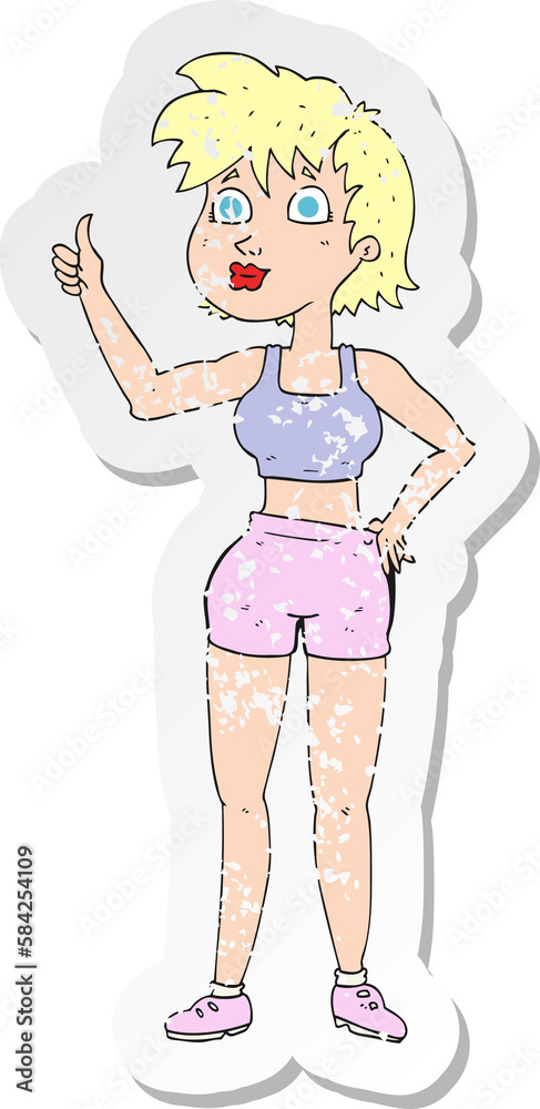 retro distressed sticker of a happy gym woman giving thumbs up symbol retro distressed sticker of a happy gym woman giving thumbs up symbol