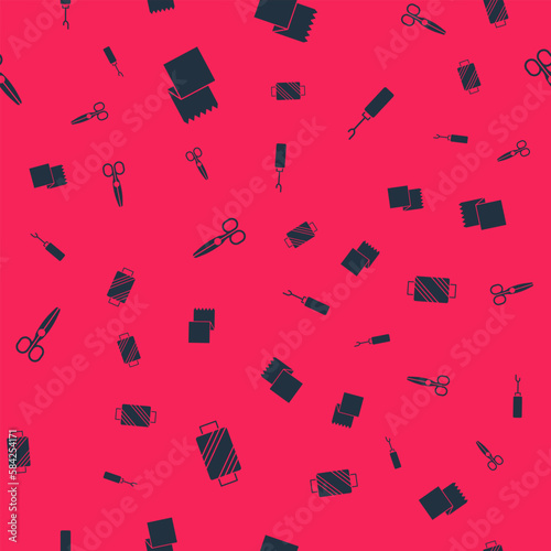 Set Sewing thread on spool, Textile fabric roll, Scissors and Awl tool on seamless pattern. Vector