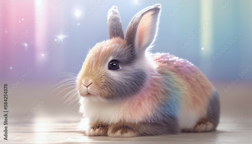 Obraz premium Rainbow colored Easter cute rabbit egg symbol. spring animal Generated AI