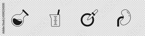 Set Test tube and flask, Laboratory glassware or beaker, Petri dish with pipette and Human kidney icon. Vector