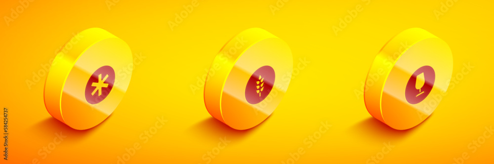Set Isometric Medical symbol of the Emergency, Wheat and Fragile broken glass icon. Vector Set Isometric Medical symbol of the Emergency, Wheat and Fragile broken glass icon. Vector