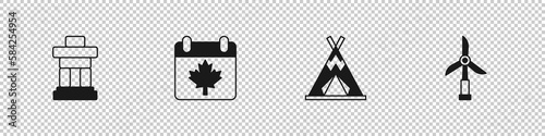Set Inukshuk, Canada day with maple leaf, Indian teepee or wigwam and Wind turbine icon. Vector