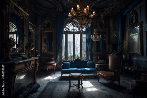 old abandoned blue room in the French style  cinematic moody atmosphere   generative ai