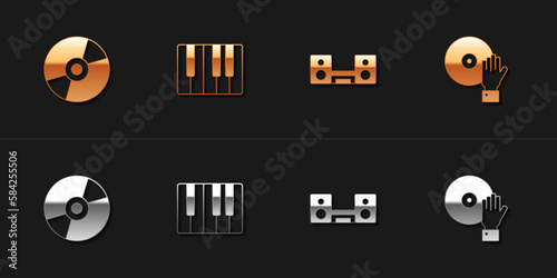 Set Vinyl disk, Music synthesizer, Home stereo with two speakers and DJ playing music icon. Vector