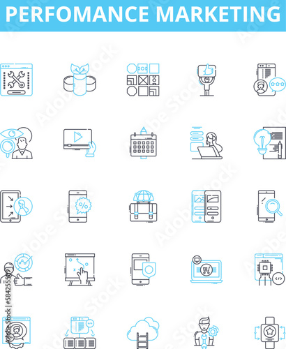 Perfomance marketing vector line icons set. Performance, Marketing, Digital, Advertising, ROI, Conversion, Revenue illustration outline concept symbols and signs