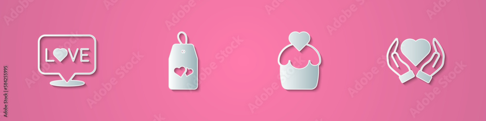 Set paper cut Love text, Please do not disturb with heart, Wedding cake and Heart hand icon. Paper art style. Vector