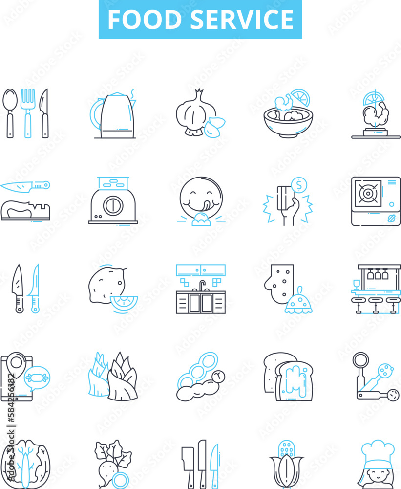 Food service vector line icons set. Catering, Dining, Banqueting, Cuisine, Takeaway, Restaurant, Delivery illustration outline concept symbols and signs