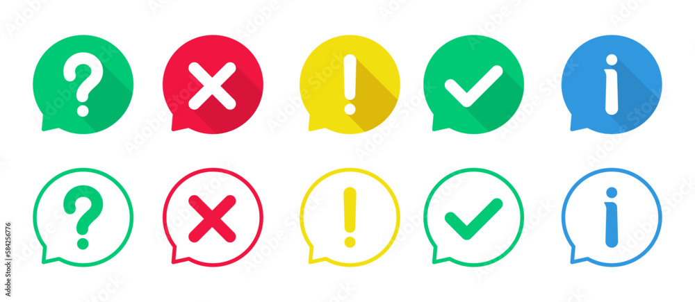 Set of question mark, cross, exclamation point, tick, information in speech bubble Set of question mark, cross, exclamation point, tick, information in speech bubble