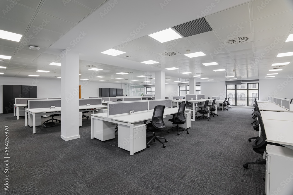 custom made wallpaper toronto digitalEmpty gray office with tables and chairs before the start of the working day in the office center. Workplace concept with expensive furniture for skilled workers
