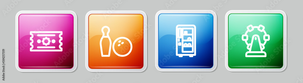 Set line Ticket, Bowling pin and ball, Vending machine and Ferris wheel. Colorful square button. Vector Set line Ticket, Bowling pin and ball, Vending machine and Ferris wheel. Colorful square button. Vector