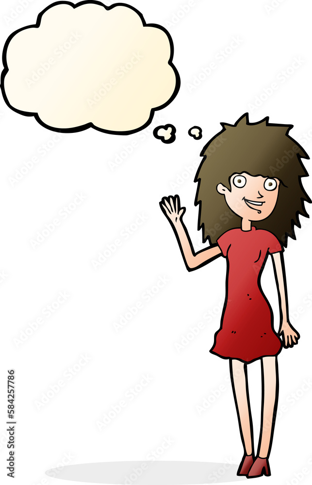 cartoon happy woman waving with thought bubble cartoon happy woman waving with thought bubble
