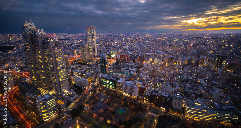 Tokyo Japan skyline under a cloudy sky taken soon after sunset with buildings lit up