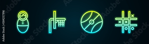 Set line Tumbler doll toy, Basketball backboard, and Tic tac toe game. Glowing neon icon. Vector