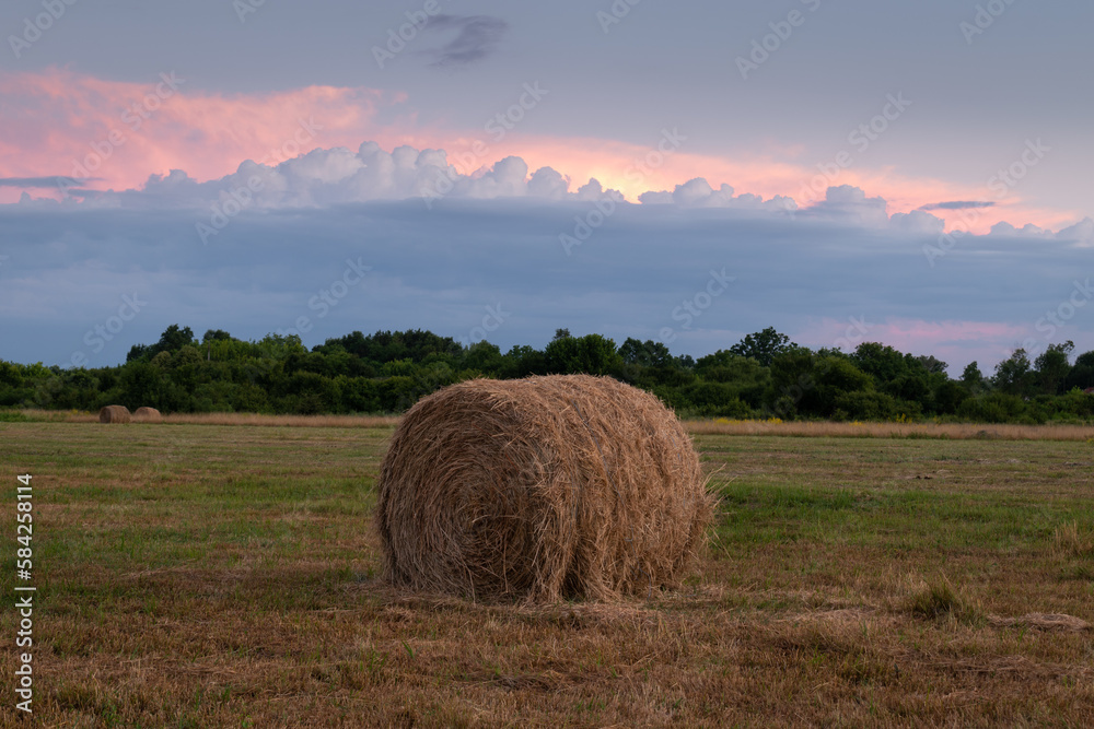 Hay bale in field at dusk, round hay bale in flat field and colourful sunlit clouds at dusk, calm rural landscape