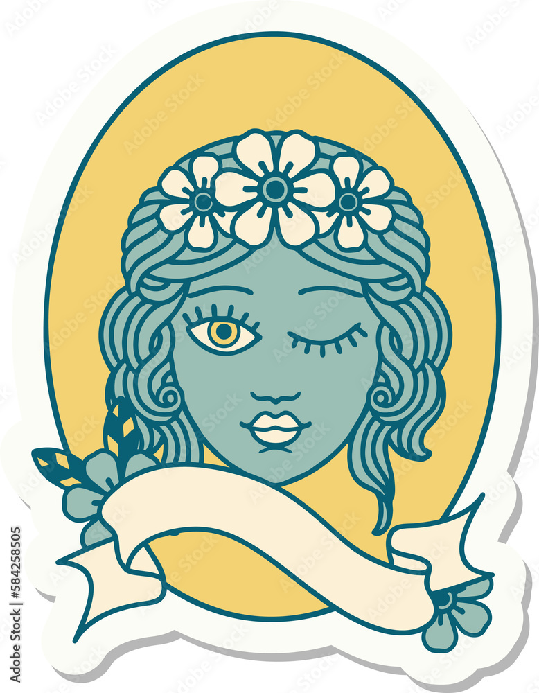 tattoo sticker with banner of a maiden with crown of flowers winking tattoo sticker with banner of a maiden with crown of flowers winking