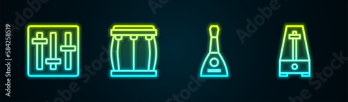 Set line Sound mixer controller, Drum, Balalaika and Metronome with pendulum. Glowing neon icon. Vector