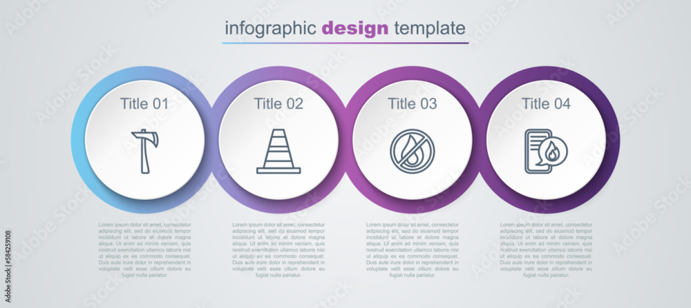Set line Firefighter axe, Traffic cone, No fire and Phone with emergency call 911. Business infographic template. Vector Set line Firefighter axe, Traffic cone, No fire and Phone with emergency call 911. Business infographic template. Vector