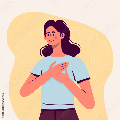 A woman with her hands on her chest. A grateful gesture. Happy calm peaceful girl volunteer. Happiness, Kind heart, harmony, woman loving herself, feeling positive emotion. Vector illustration