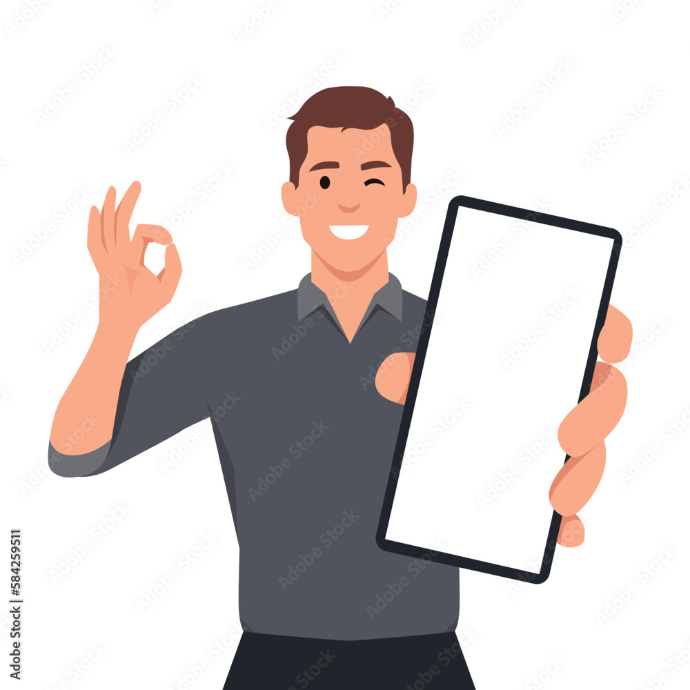 Happy young man showing smartphone and showing okay, OK or O sign. Mobile phone technology concept. Happy young man showing smartphone and showing okay, OK or O sign. Mobile phone technology concept.