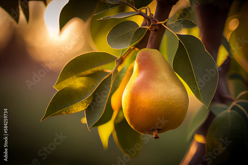 Delicious ripe pear hanging on tree with sunset golden hour. AI Generated
