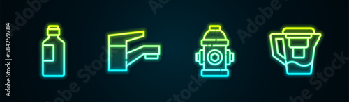 Set line Bottle of water, Water tap, Fire hydrant and jug with filter. Glowing neon icon. Vector