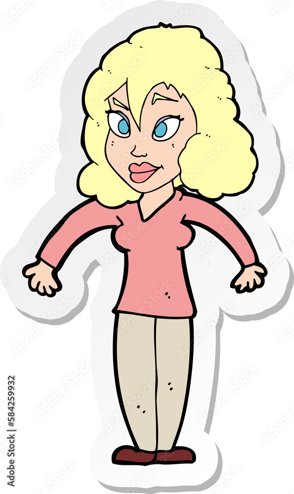 sticker of a cartoon woman shrugging shoulders sticker of a cartoon woman shrugging shoulders