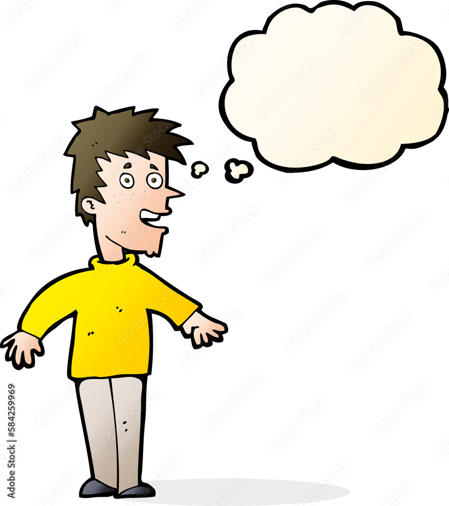cartoon happy boy with thought bubble