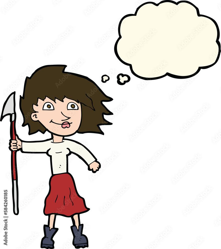 cartoon woman with spear with thought bubble cartoon woman with spear with thought bubble