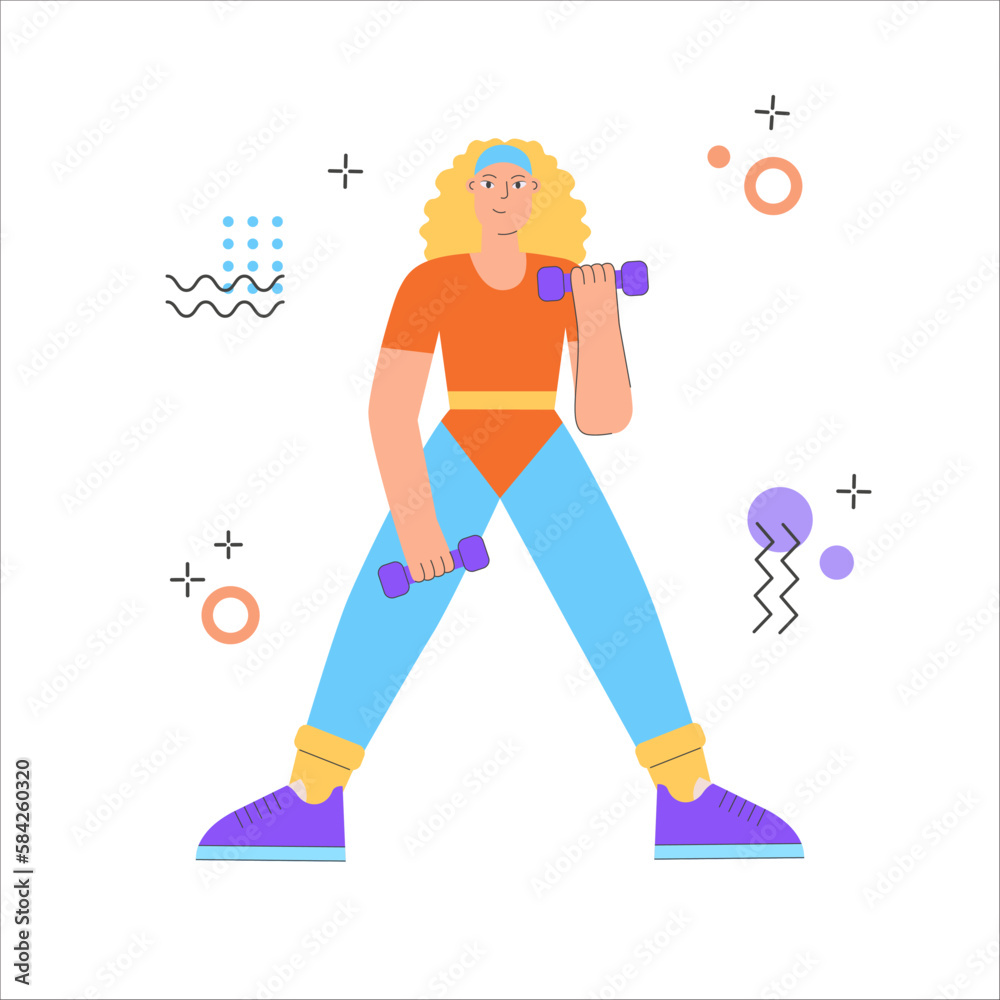 Woman with dumbbells in hands doing aerobic. Trendy 70s and 80s concept illustration. Retro sport outfit. Workout, fitness. Vector illustration, isolated.