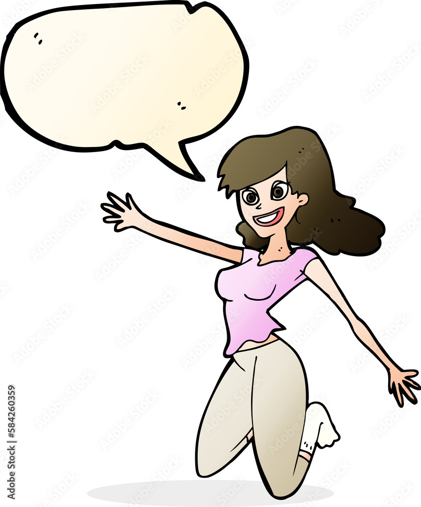 cartoon jumping woman with speech bubble
