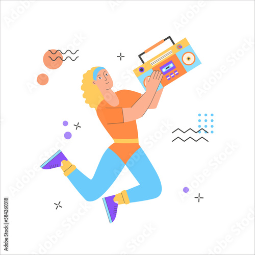 A poster with a woman doing boombox aerobic. Trendy 70s and 80s concept illustration. Retro sport outfit. Disco party. Old style fashion. Vector illustration, isolated.