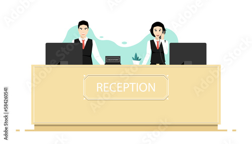 Human receptionist in front of counter desk, Digital marketing illustration.