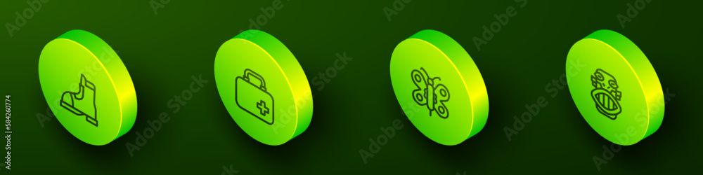 Set Isometric line Hunter boots, First aid kit, Butterfly and Mexican mayan or aztec mask icon. Vector Set Isometric line Hunter boots, First aid kit, Butterfly and Mexican mayan or aztec mask icon. Vector