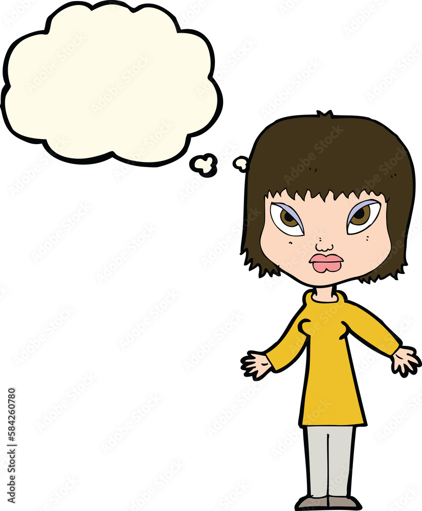 cartoon woman with open arms with thought bubble