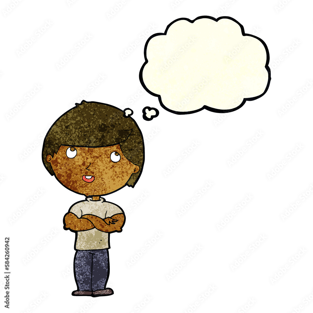 cartoon happy man with folded arm with thought bubble cartoon happy man with folded arm with thought bubble