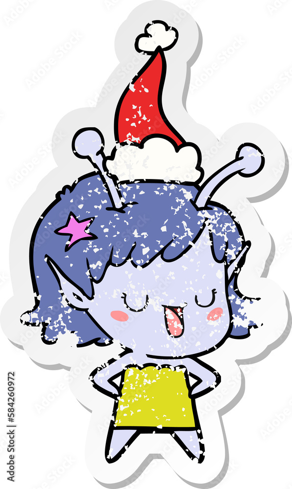 happy alien girl distressed sticker cartoon of a wearing santa hat happy alien girl distressed sticker cartoon of a wearing santa hat