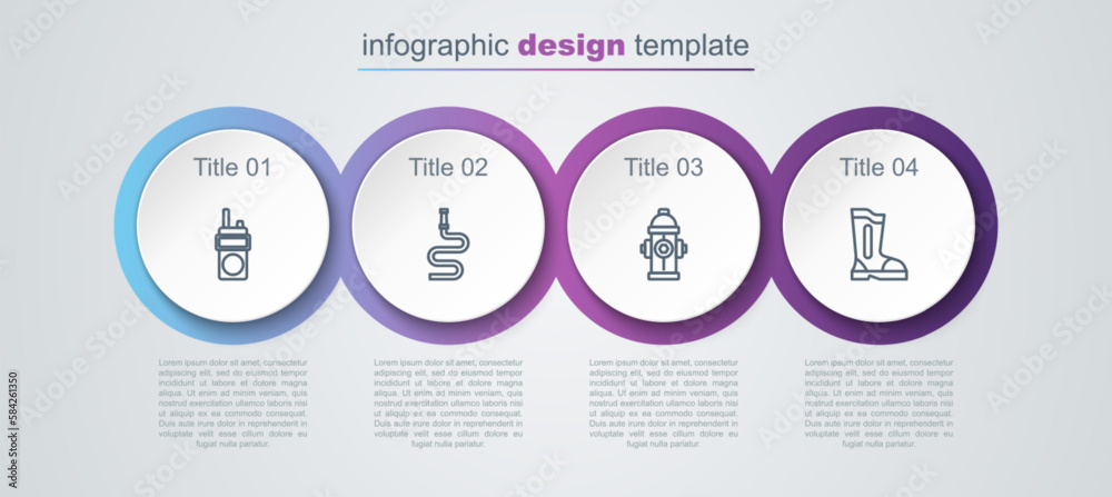 Set line Walkie talkie, Fire hose reel, hydrant and boots. Business infographic template. Vector Set line Walkie talkie, Fire hose reel, hydrant and boots. Business infographic template. Vector