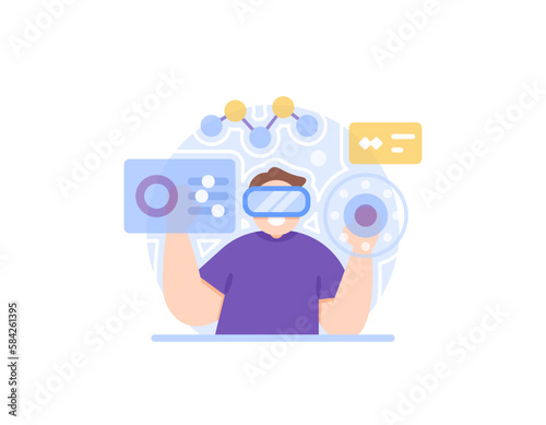 a man using VR device or virtual reality. playing and enjoying virtual reality technology. explore virtual worlds. holograms, entertainment, and games. concept illustration designs. vector elements
